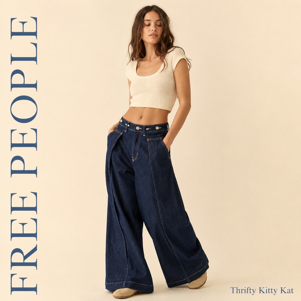 Free People We The Free High Street Trouser Pleated Wide Leg Rigid Blue Jeans 24